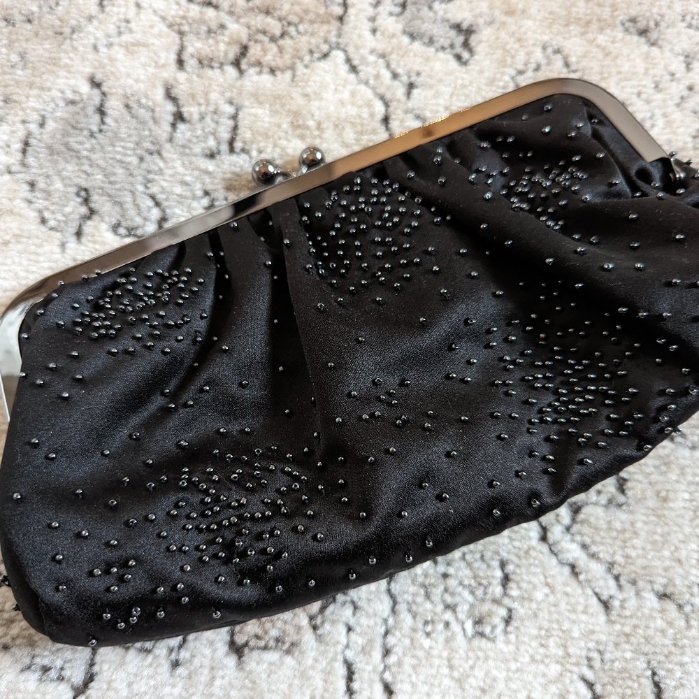 Black satin beaded kiss lock clutch